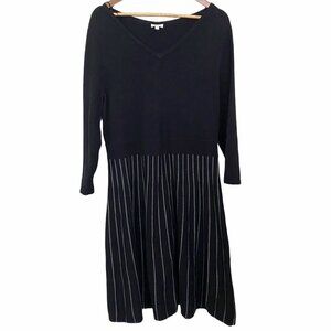 Talbots Black Wool Blend Striped Long Sleeve Stretch Vneck Midi Dress Large